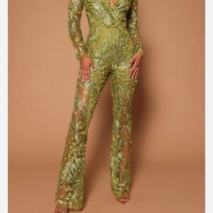 FASHION NOVA Jumpsuit Pants Dress Olive Floral Lace V-Neck Sequins Sheer S-M
